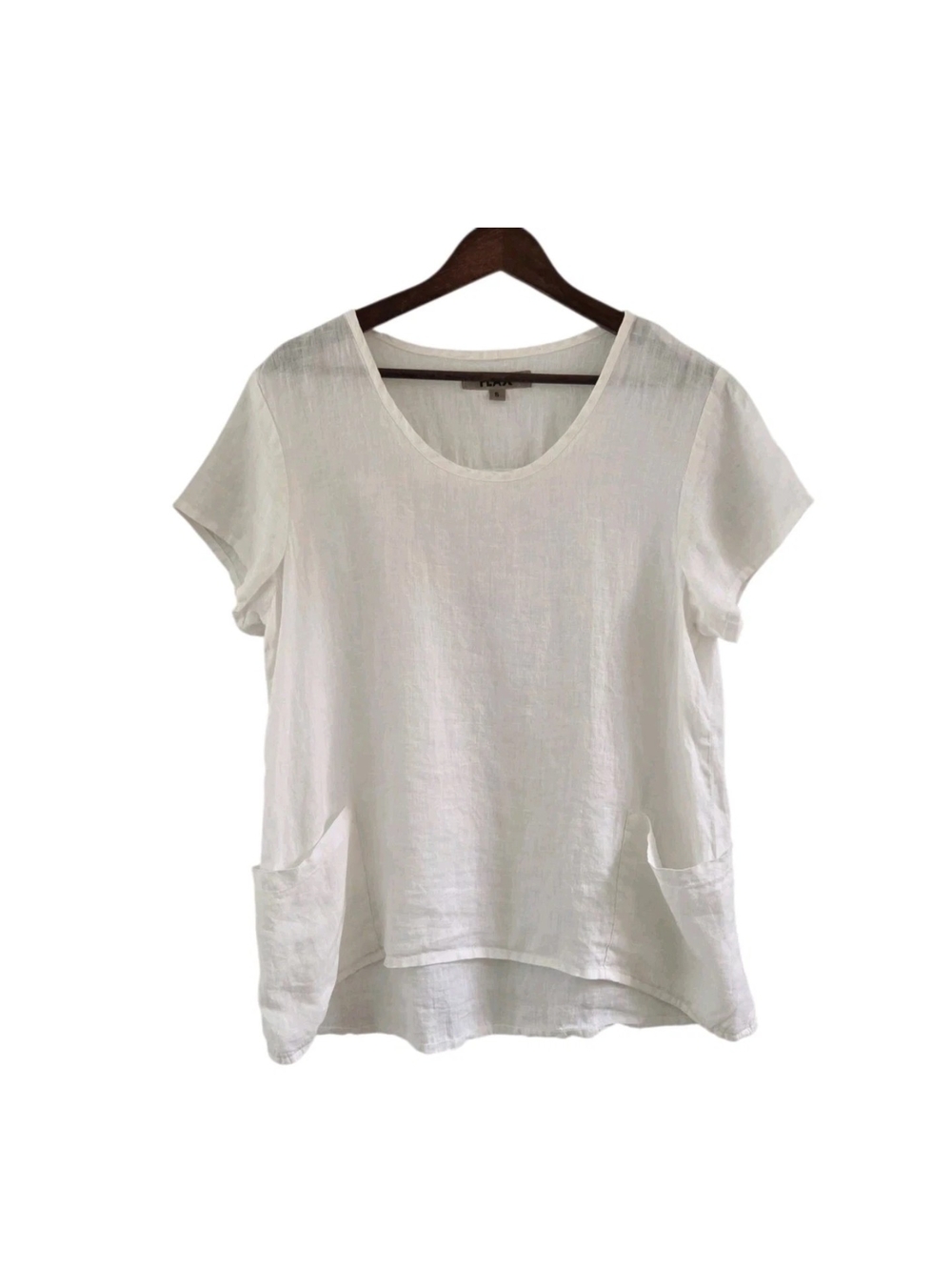 Flax White Linen Pullover Lagenlook Hi Lo Pockets Top Blouse Short Sleeve Size S